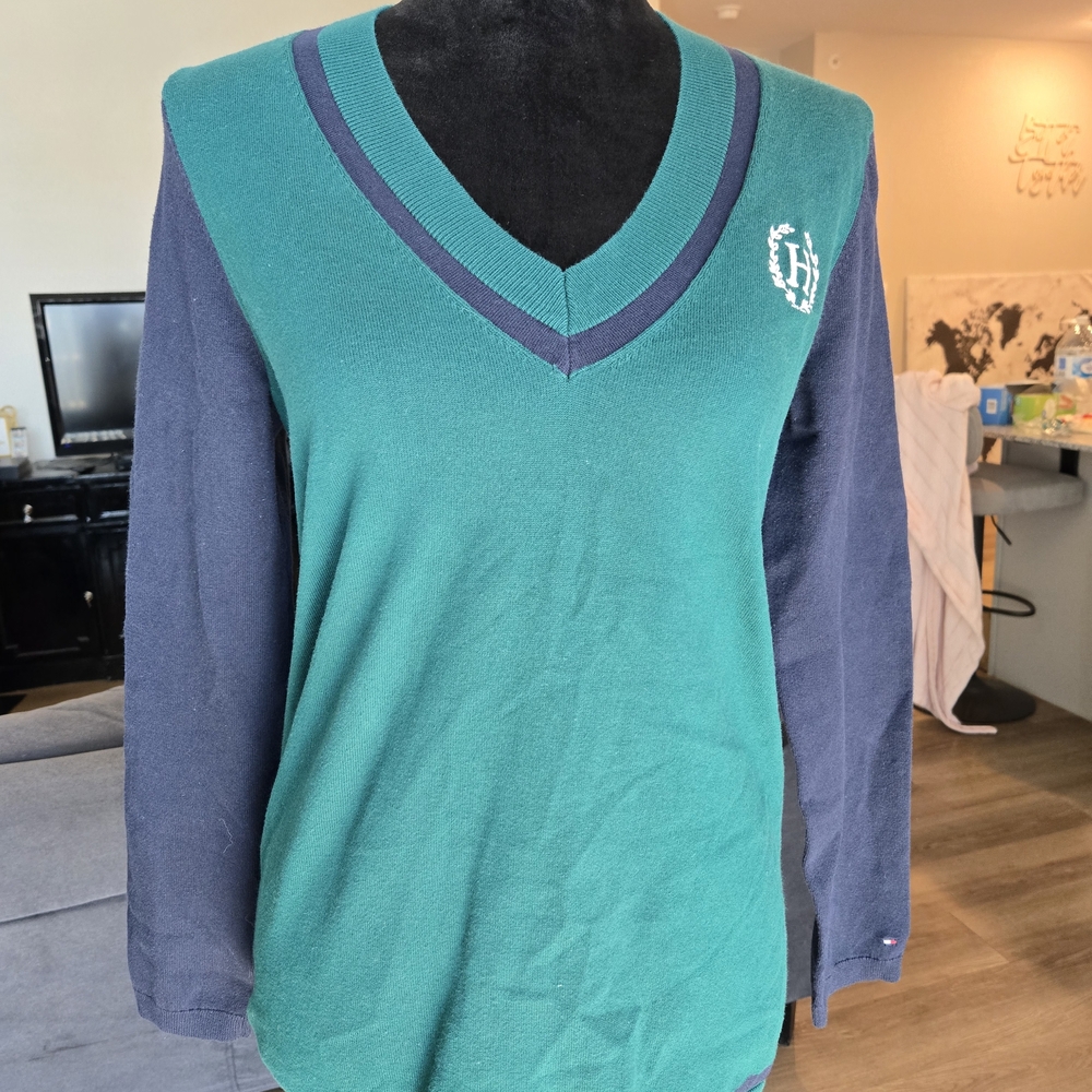 Tommy Hilfiger Emerald and Navy V-Neck Sweater
